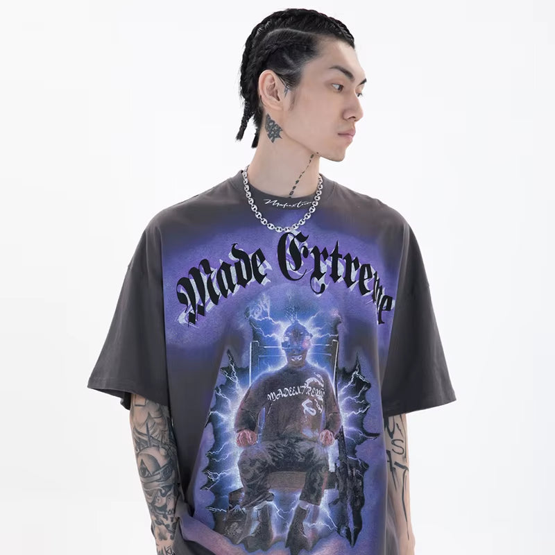 2025 Men Hip Hop Streetwear Oversize T Shirt Electric Shock Man Letter Print T-Shirt Summer Short Sleeve Harajuku Cotton Tshirt